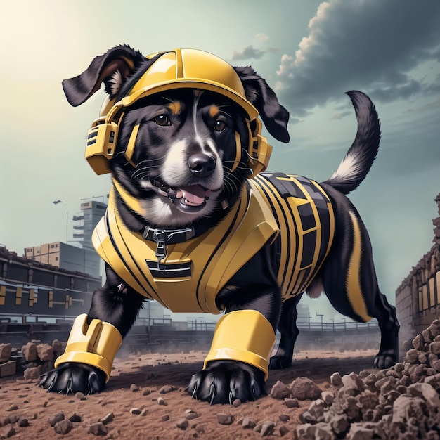 A dog wearing a yellow outfit and hat
