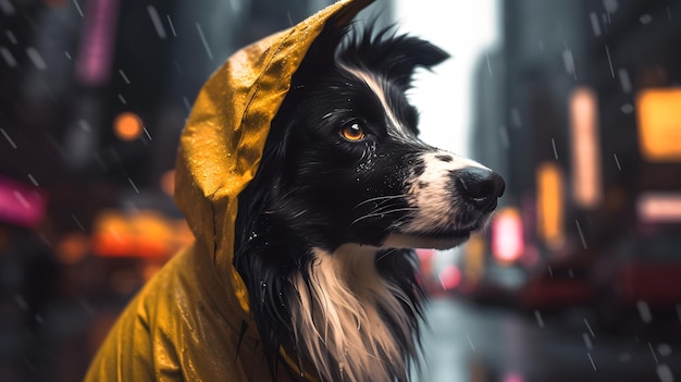 A dog wearing a yellow raincoat in the rain