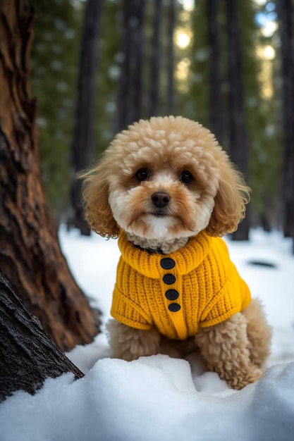 黄色いセーターを着た犬が雪の中に座っています。