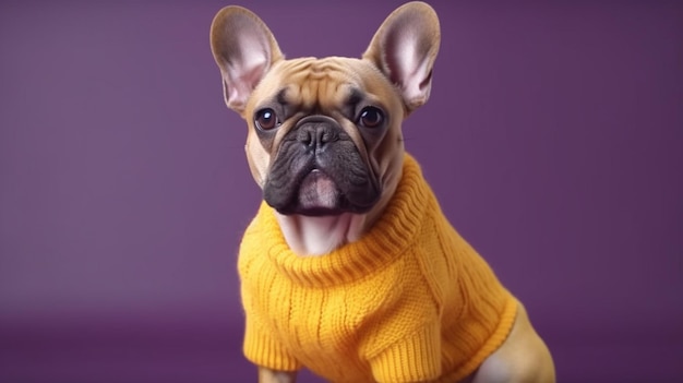 「フレンチ ブルドッグ」と書かれた黄色いセーターを着た犬