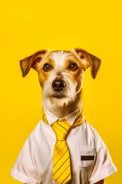 Dog wearing yellow tie and white shirt on yellow background generative ai