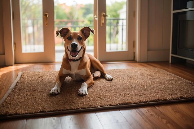 Photo dog welcome home on brown mat