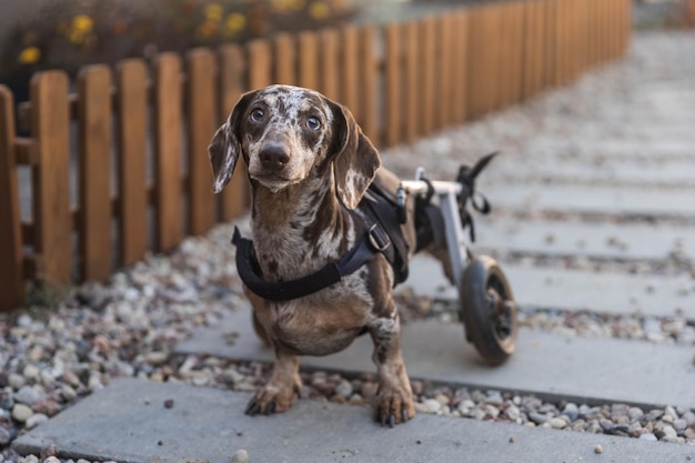 車椅子の犬が公園を歩いてカメラを見ている