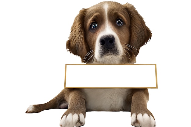 A dog on a white background holds a white sign in his paws copy space