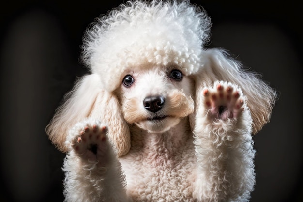 Dog white fluffy little poodles standing on its hind legs on black background