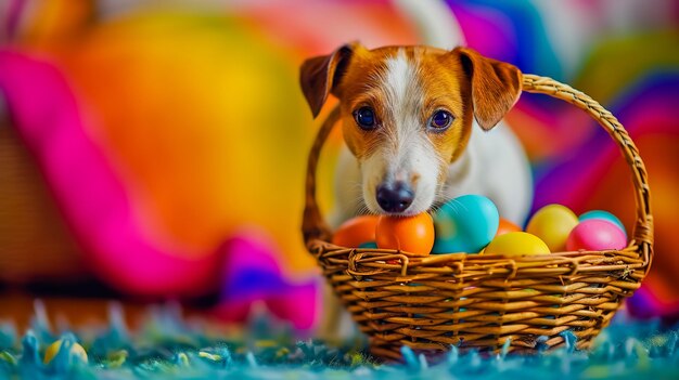 A dog and wicker basket with colorful Easter eggs