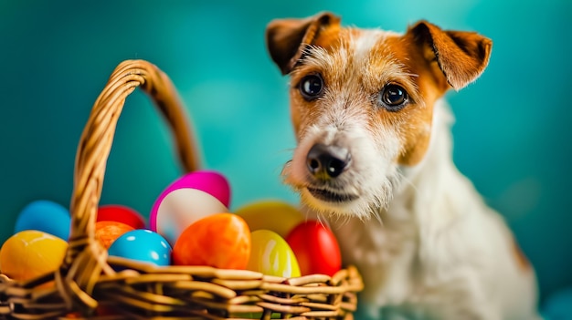 A dog and wicker basket with colorful Easter eggs