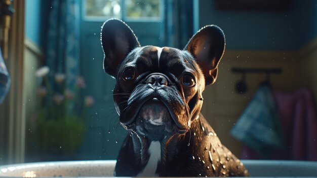 A dog in a window with a blue background