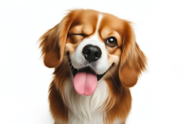 Dog winking and sticking out tongue isolated on white background