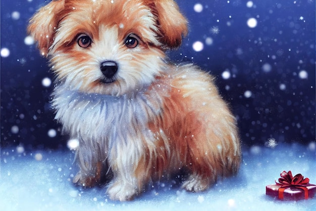 Dog in the winter forest christmas background