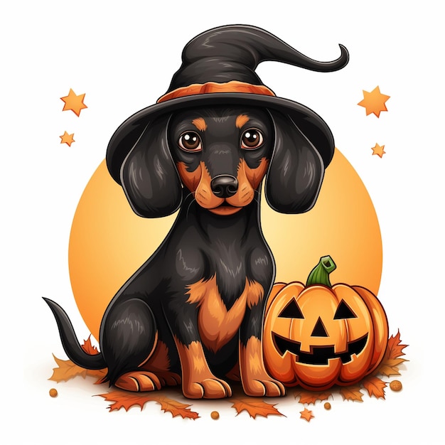 a dog in a witch hat sits in front of a pumpkin.