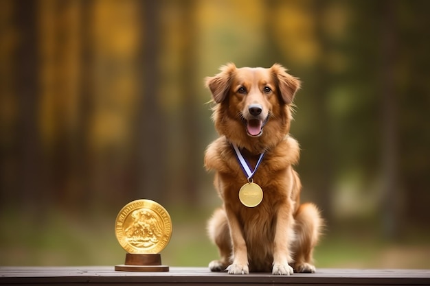 1位のトロフィーを持った犬