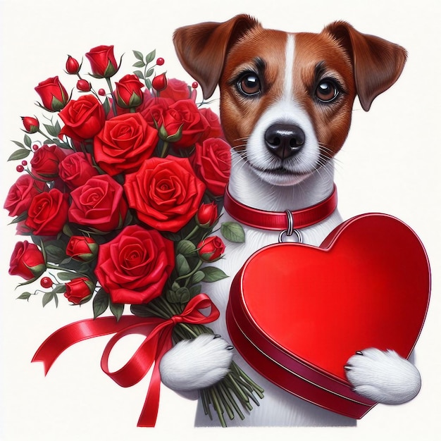 사진 은 장미 꽃집 과 심장 모양 의 상자 를 가진 개