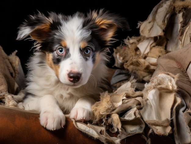 Фото Собака с озорным выражением лица, окруженная рваными подушками