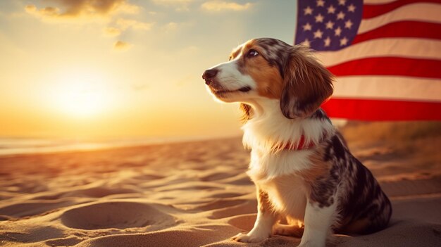 ビーチでアメリカ国旗を掲げた犬