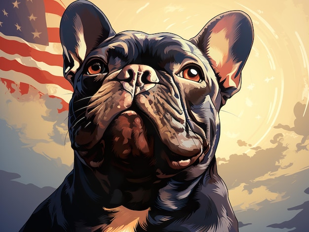 背景にアメリカの国旗を持つ犬の生成AI画像