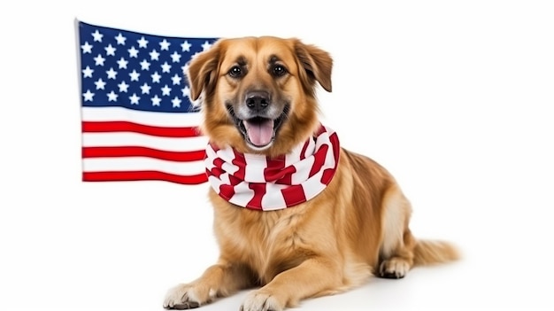 Собака с американским флагом Изолированная собака перед американским флагом в День независимости