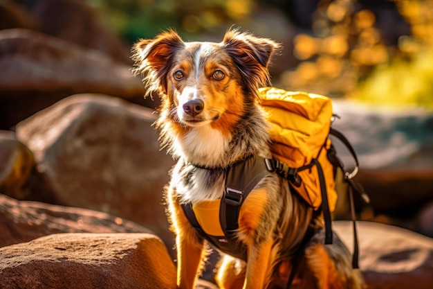 Собака с рюкзаком и картой, символизирующая дух приключений и исследования новых впечатлений.