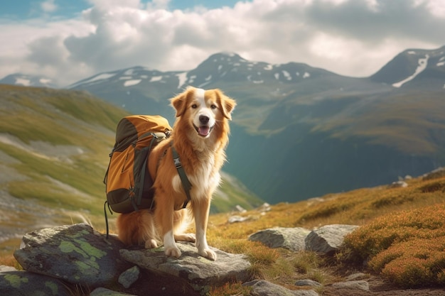 A dog with a backpack on stands on a rock in the mountains.