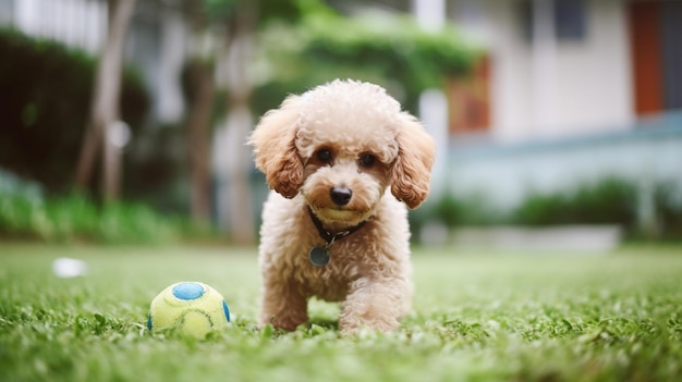 A dog with a ball in the grass