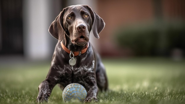 A dog with a ball in his mouth