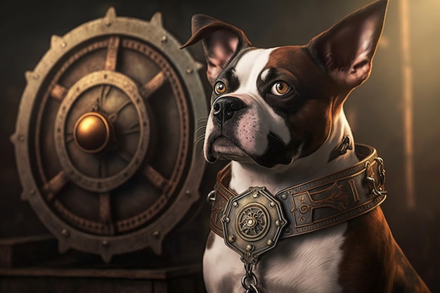 A dog with a bell around its neck stands in front of a wall with a clock in the background.