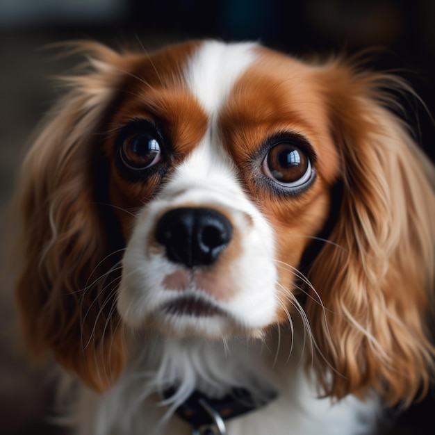 大きな目の犬がカメラを見ています。