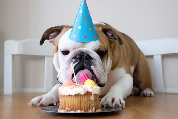 Dog with a birthday cap on his head and birthday cake on a blue background Ai generative