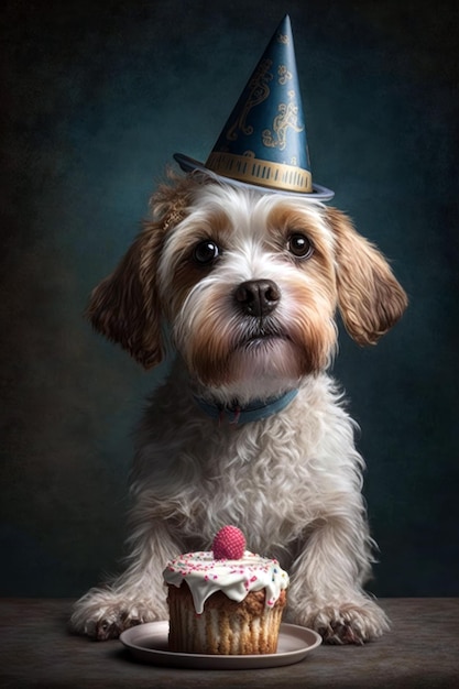 A dog with a birthday hat and a cake