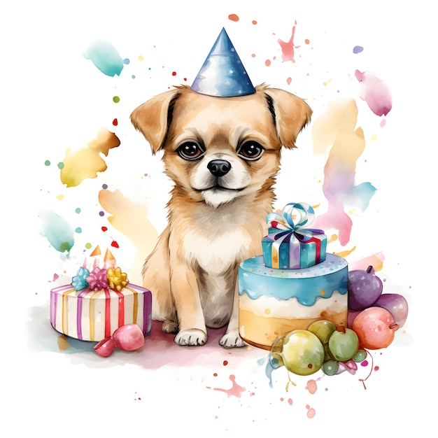 A dog with a birthday hat is sitting next to a cake.