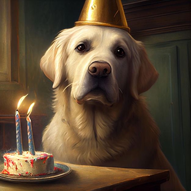 誕生日の帽子をかぶった犬が、ケーキとキャンドルが置かれたテーブルに座っています。