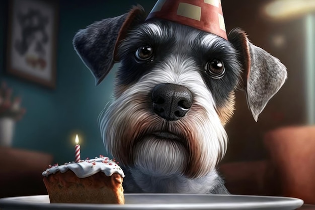 A dog with a birthday hat sits at a table with a piece of cake.