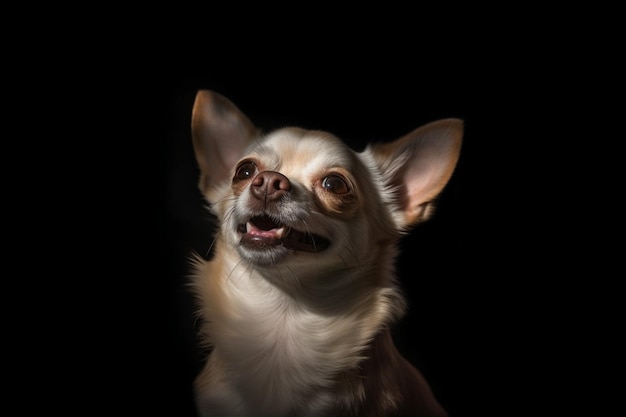 A dog with a black background and a light on his face