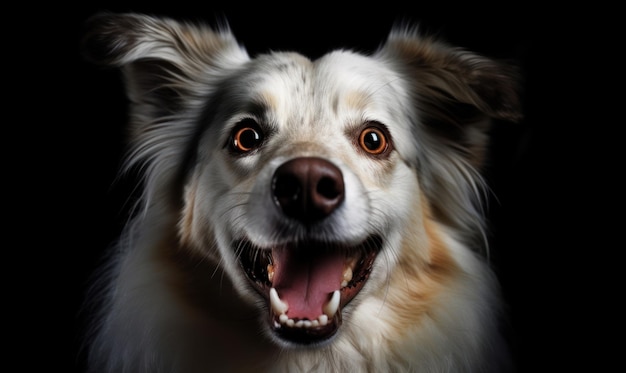 A dog with a black background and a white face with a big smile.