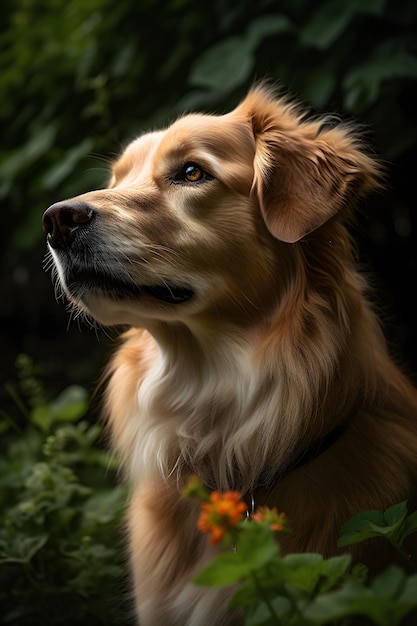 黒い背景と前景の黄色い花を持つ犬。