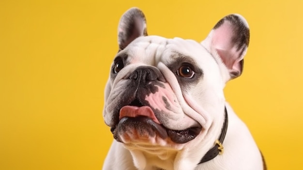 A dog with a black collar and a black collar sits in front of a yellow background