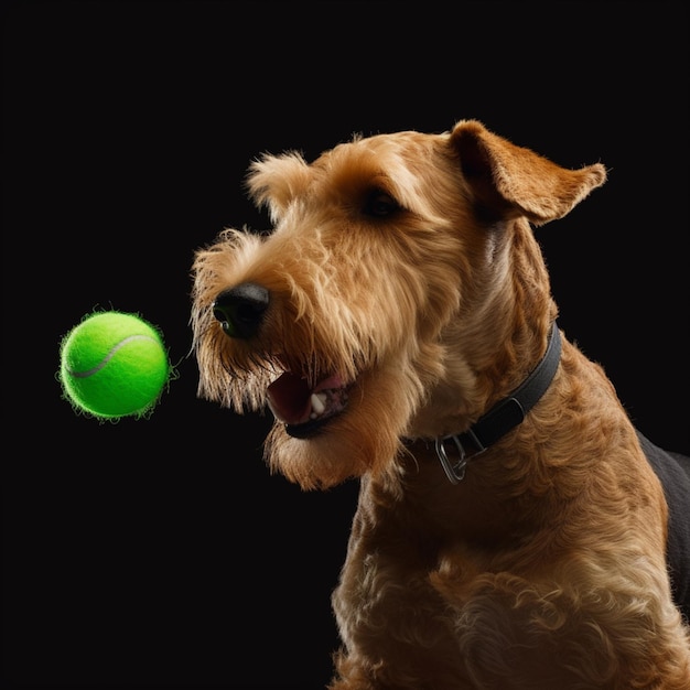 A dog with a black collar and a green tennis ball in his mouth.