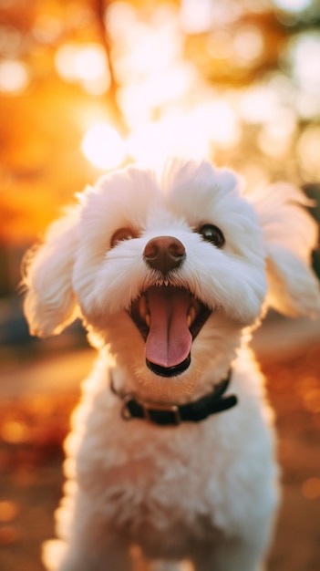 Foto un cane con un collare nero siede davanti a un tramonto dorato.