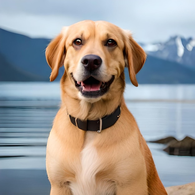 A dog with a black collar sits on a rock by a lake.