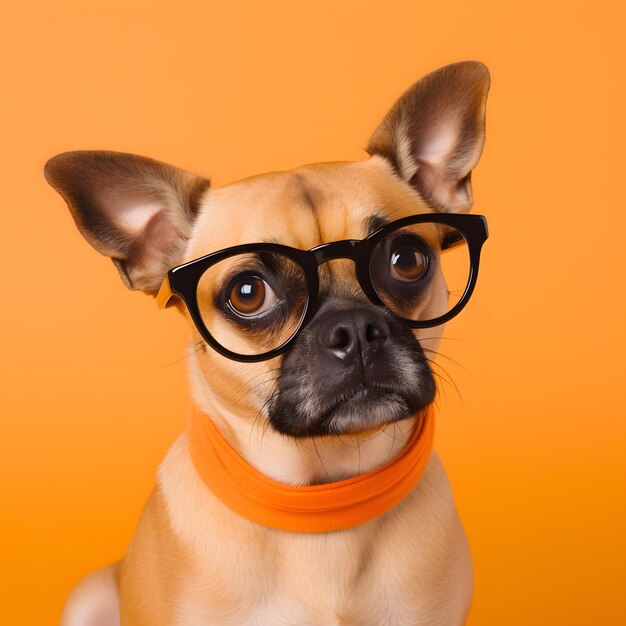 A dog with a black glasses on