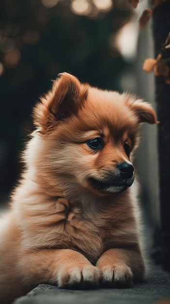 A dog with a black nose and a brown nose sits in front of a tree.