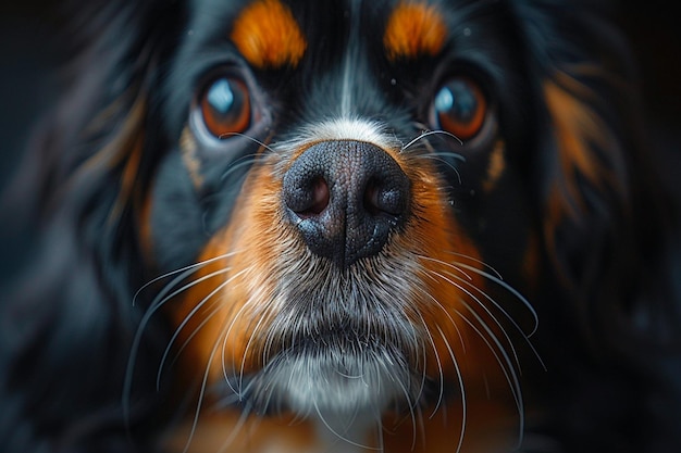 a dog with a black nose and a brown and orange nose