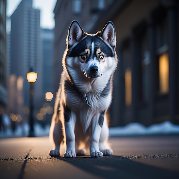 黒い鼻と白い毛皮を持った犬が道に立っています。