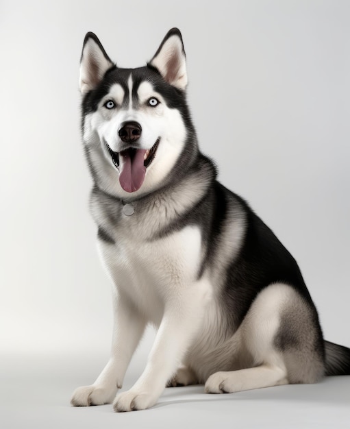 A dog with a black and white face and a white collar that says husky.