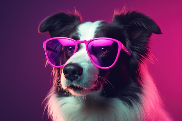 A dog with black and white fur that is wearing pink sunglasses