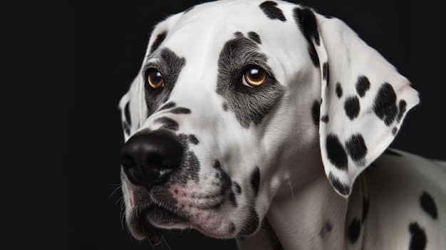 a dog with a black and white spots looks at the camera.