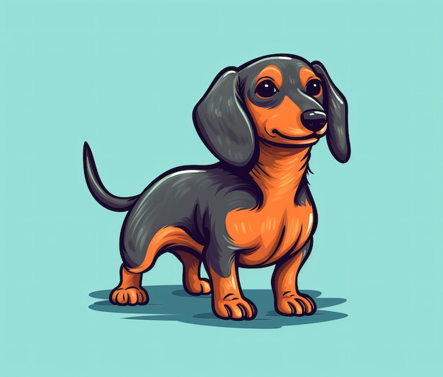 A dog with a blue background and a red and black dachshund.