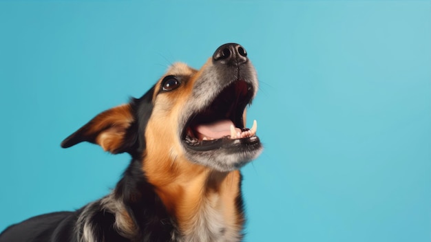 A dog with a blue background