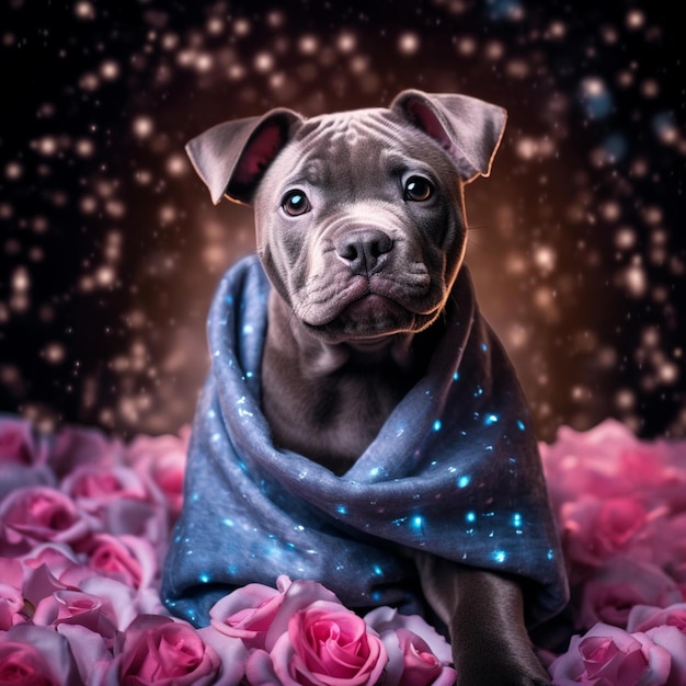 Photo a dog with a blue blanket and stars on it