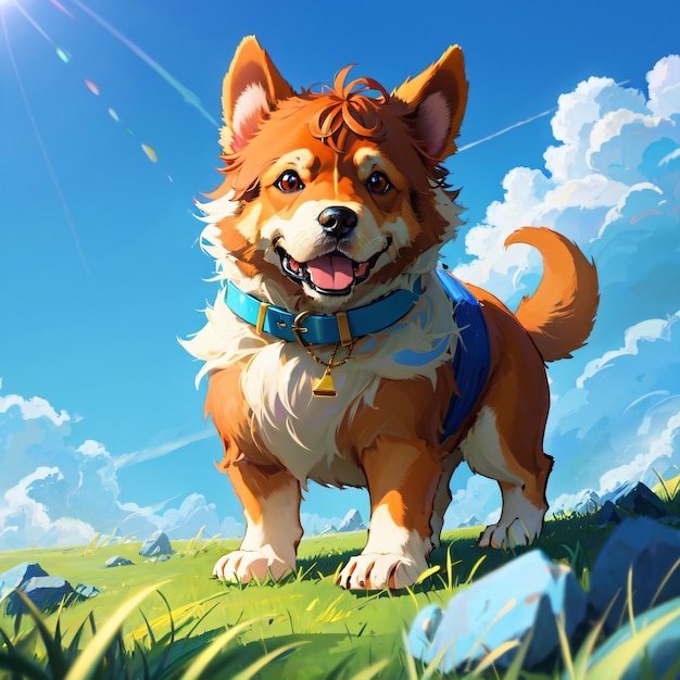 A dog with a blue collar and a bell on its collar stands in a field of grass.